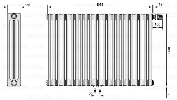 Схема (чертеж) Радиатор Zehnder Charleston 4180/23 №V008 Белый глянцевый RAL 9016
